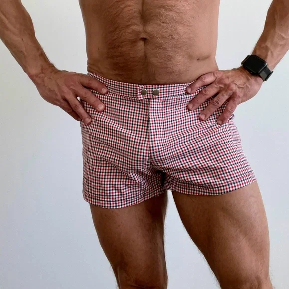 Men's Red & White Gingham Swim Trunks - Picture 1 of 5